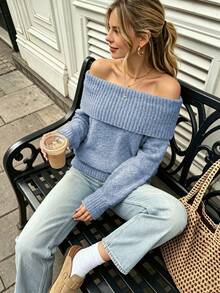 Women's Knitted Sweater, One-Shoulder Folded Wide Ribbed Collar, Loose Long Sleeve, Soft Textured Knit, Autumn/Winter Daily Date Outfit - Dusty Blue - View 4