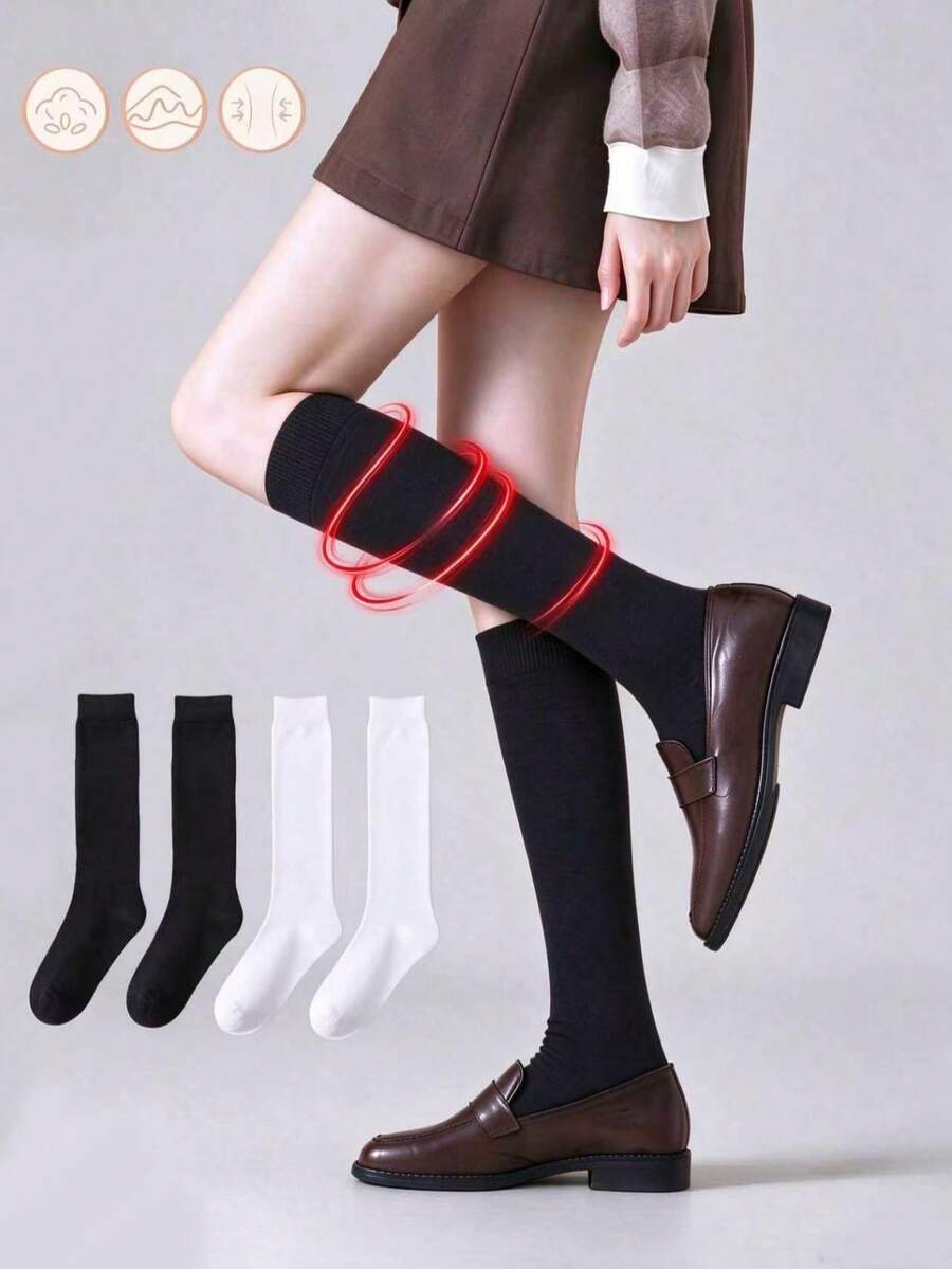 4 Pairs Women's Minimalist Solid Color Compression Calf Socks, JK School Style, Skin-Friendly Elastic Slimming, Suitable For Daily Matching With Loafers And Skirts - Black and White - View 1