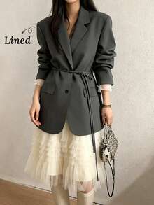 Women's Autumn/Winter Fashion Light Commute Solid Color Lined Oversize Padded Shoulder Wide Shoulder Single-Breasted Belted Mid-Length Long Sleeve Blazer - Grey - View 1