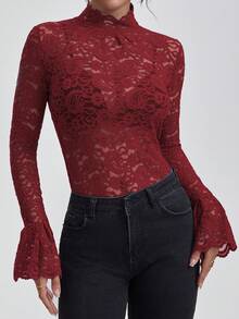 Atasan Renda Burgundy Wanita, Cocok untuk Halloween, Natal, - Burgundy - View 5
