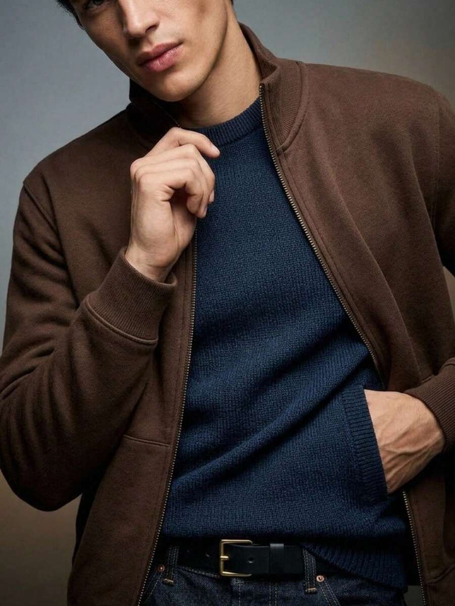 Men's Solid Color Long Sleeve Zip-Up Casual Knit Cardigan - Brown - View 1