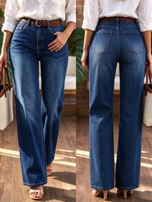 Women's Casual Elegant Washed High Elasticity Wide Leg Long Jeans With Button Detail, Autumn Outfit Halloween - Blue - View 3