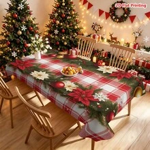 1件紅色格紋背景搭配松枝花環、紅金色球飾、一品紅與雪花裝飾的聖誕主題桌布，適用於餐桌布置、廚房檯面裝飾、野餐與露營桌面布置、派對場景營造，農舍風點綴與節日氛圍提升 - 彩色 - 查看 8