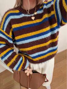 FOR BEAUTY Women's Autumn/Winter Sweater, Elegant Casual Y2K Style, Multi-Color Striped Crew Neck Drop Shoulder Loose Chunky Knit Pullover Top - Multicolor - View 3