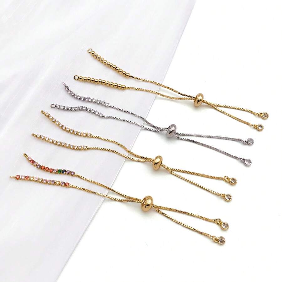1pc Brass Rhinestone Adjustable Slider Bracelet Chain Golden Silvery Color Pull Extension Chain With Round Rhinestone For DIY Bracelet Jewelry Making