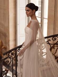 White Elegant Knit Fabric Strapless Long Wedding Dress, Backless Design With Pleats And Pleated Details, High Elasticity Sheer Draping - White - View 3