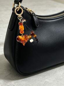 Vintage Style Heart-Shaped Keychain With Amber And Tortoiseshell Patterns;Bag Charm Featuring Mayan Inspired Leopard Print And Brown Bead Accents Christmas Gift - Multicolor - View 7