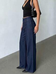 Women's Elegant Casual Dark Wash Straight Leg Jeans, Slightly Stretchy Vintage Long Pants, - Dark Wash - View 6