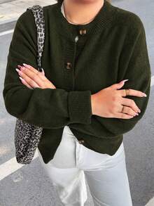 Green Plus Size Round Neck Dropped Shoulder Long Sleeve Front Button Fashion Knit Cardigan, Warm And Comfortable Knitted Knit Jacket For Autumn/Winter - Green - View 7