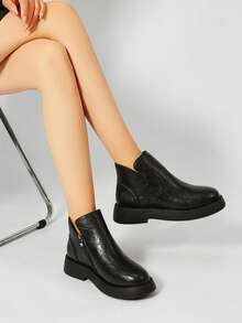 1 Pair Black Ruched Textured Thick Sole Ankle Boots, Synthetic Fabric Round Toe Side Zipper Women's Ankle Boots, Casual Versatile Boots For Daily Wear In Autumn/Winter - Black - View 2