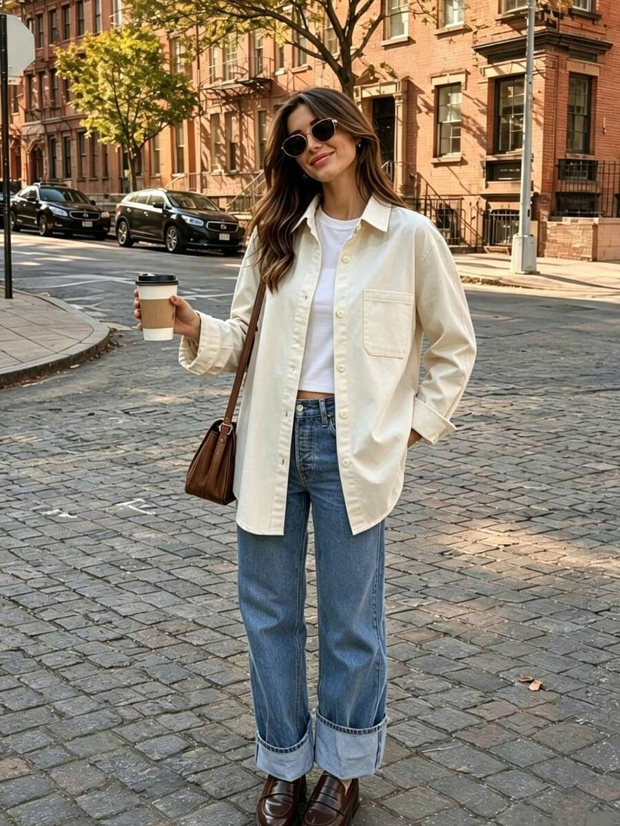 Women's Autumn Solid Color Pocket Front Button-Down Casual Shirt - Apricot - View 1