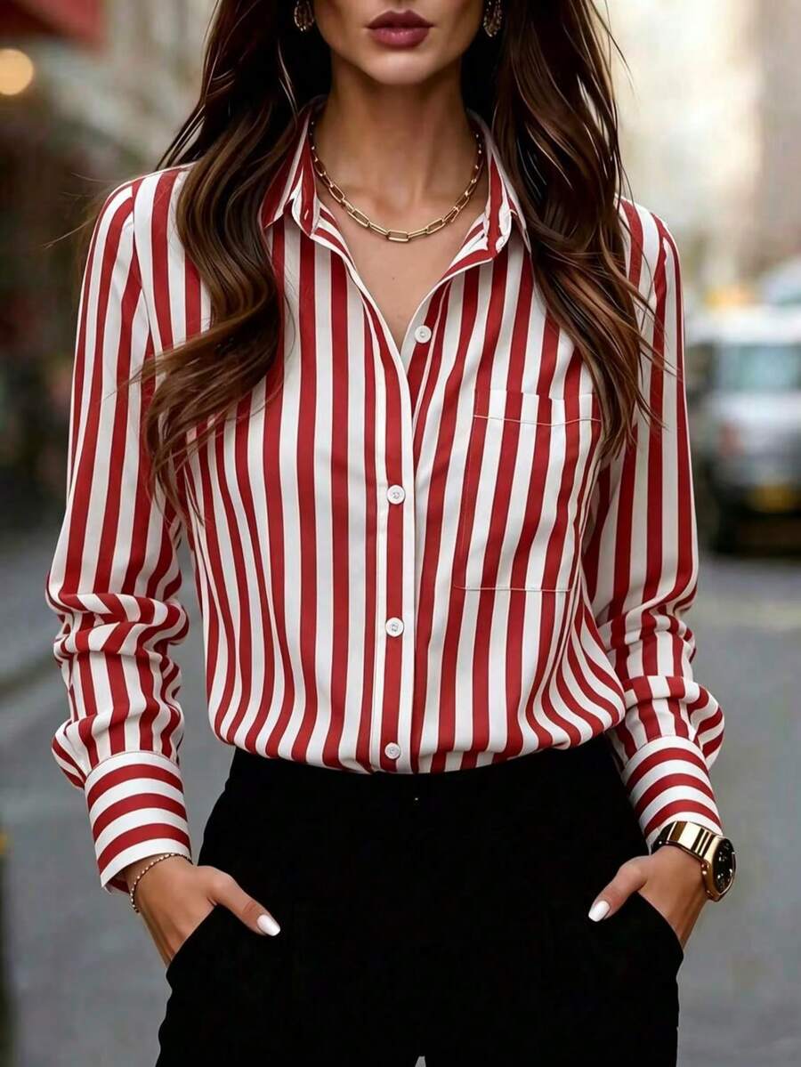 Women's Striped Long Sleeve Pocket Loose Casual Office Shirt, Spring & Autumn - Red and White - View 1