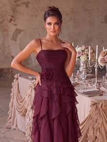 Faeriesty Elegant Red Mermaid Skirt, Sleeveless Strapless Design, Embellished With Pearl Decor, Suitable For Formal Occasions - Burgundy - View 3