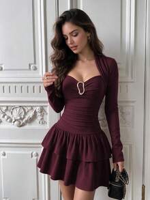 QUNGIGU Women's Sweetheart Neckline Side Ruched Double Layer Ruffle Hem Dress, Suitable For Autumn/Winter Birthday Party, Date Night, Christmas - Burgundy - View 5