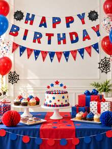 1 Set Spider Web Hero Happy Birthday Banner, Red & Blue Spider Web Print Letter Flags With Spider Web Hollow Cutout Paper And Triangle Bunting, Insect Web Superhero Theme Birthday Party Supplies, Indoor Window Photo Booth Backdrop Decoration - View 7