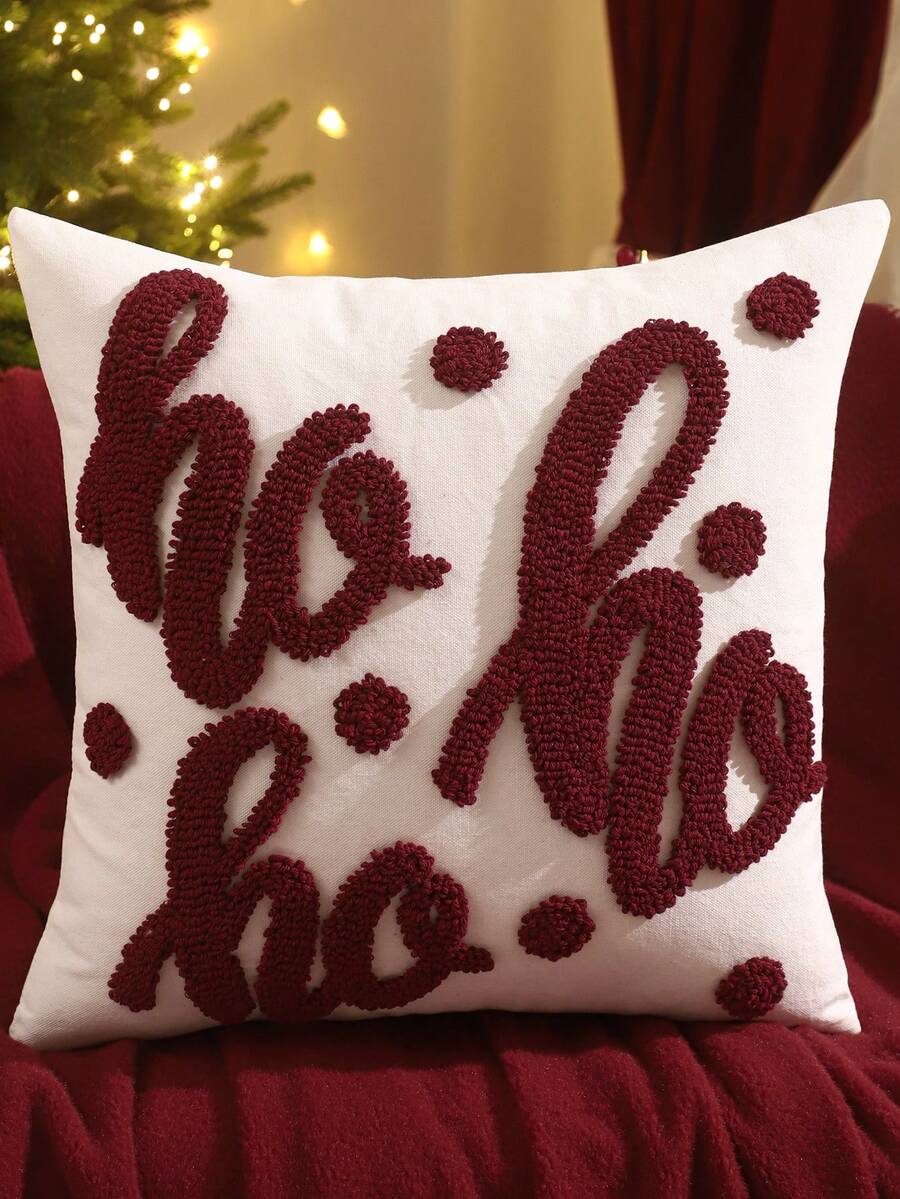 1pc/2pcs Christmas Decorative Pillow Case, Flocked Canvas Letter HO, Winter Sofa Living Room Bedroom Home Decor Party Holiday Gift