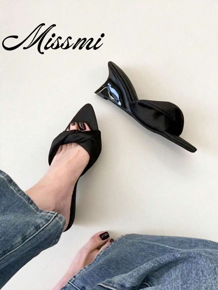 Pointed Toe Wedge Slide Sandals For Women, New Summer Slip-On Slides, Niche Design High Heel Shoes - Black - View 1