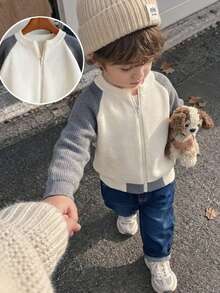 Boys Toddler College Style Colorblock Stand Collar Knit Cardigan Sweater Jacket Suitable For School Daily Wear Spring Autumn Winter - Apricot - View 11