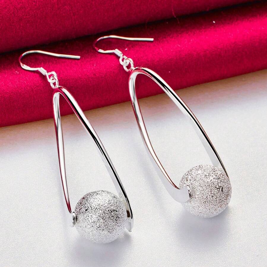 925 Sterling Silver Plated Charm Silver Frosted Bead Round Ball Drop Earrings For Woman Wedding Engagement Jewelry - Silver - View 1