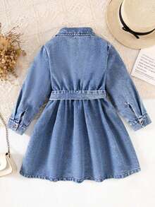 Girls Casual Urban Preppy Style Cute Sweet Collared Long Sleeve Denim Dress With Belt, Autumn Style, Suitable For Daily, Outdoor And Holiday Gatherings - Light Wash - View 3
