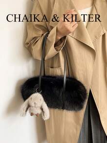 CHAIKA & KILTER 1件裝純色人造毛皮女款單肩包，復古時尚啞光保齡球包，對比色絎縫縫線，雙手柄設計，拉鍊開合，適合日常與街頭使用（附吊飾） - 黑色 - 查看 7
