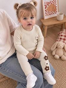 2pcs Baby Girl Cute Comfortable Soft 3D Knitted Flower Long Sleeve Ribbed Top And Pants Set, Thin For Spring And Autumn - Apricot - View 2