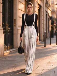 Women's Two Pieces Outfit: Stretchy Top & Non-Stretch Polka Dot Suspender Wide Leg Pants For Casual Office Daily - Black and White - View 1
