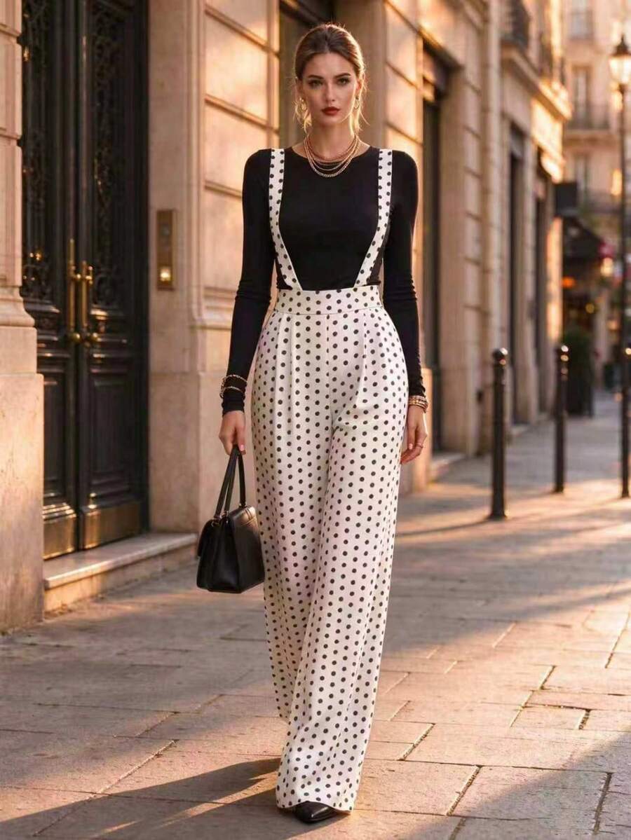 Women's Two Pieces Outfit: Stretchy Top & Non-Stretch Polka Dot Suspender Wide Leg Pants For Casual Office Daily - Black and White - View 1