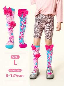 Children's Sweet & Cool Style 3D Knee-High Socks, Girls' Asymmetric Leopard Print & Star Pattern Long Tube Socks With Large Bow Decoration - Multicolor - View 4