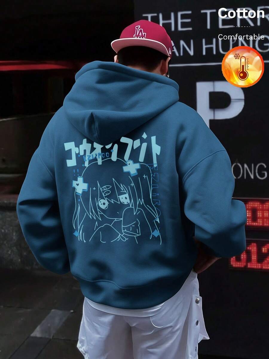 Autumn/Winter Men's Fleece Hoodie With Anime Character & Japanese Text Print, Y2K Style - Cow Blue - View 1