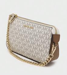 Michael Kors MK Jet Set 中號經典標誌手拿包，時尚金屬鏈條女款單肩包，拉鍊方型手提包錢包，適合購物、旅行與日常穿搭 - 白棕色 - 查看 1