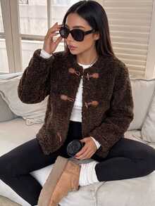 Women's Round Neck Button-Up Teddy Jacket, Casual Long Sleeve Plush Fleece Short Jacket, Warm Brown Jacket For Autumn/Winter - Brown - View 3