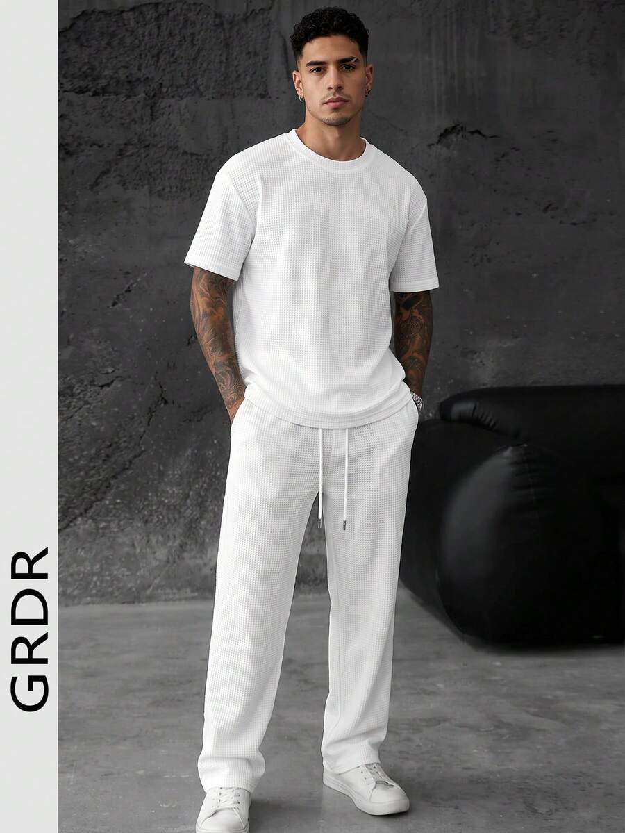 GRDR Waffle Knit Men's Casual Minimalist Drawstring Short Sleeve & Long Pants 2 Pieces Set - White - View 1