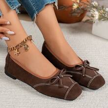 Women's Brown Faux Suede Flat Ballet Pumps With Contrast Stitching, Bow Decor, Square Toe, Low Vamp, Vintage Commuter Style, Spring/Autumn - Brown - View 3