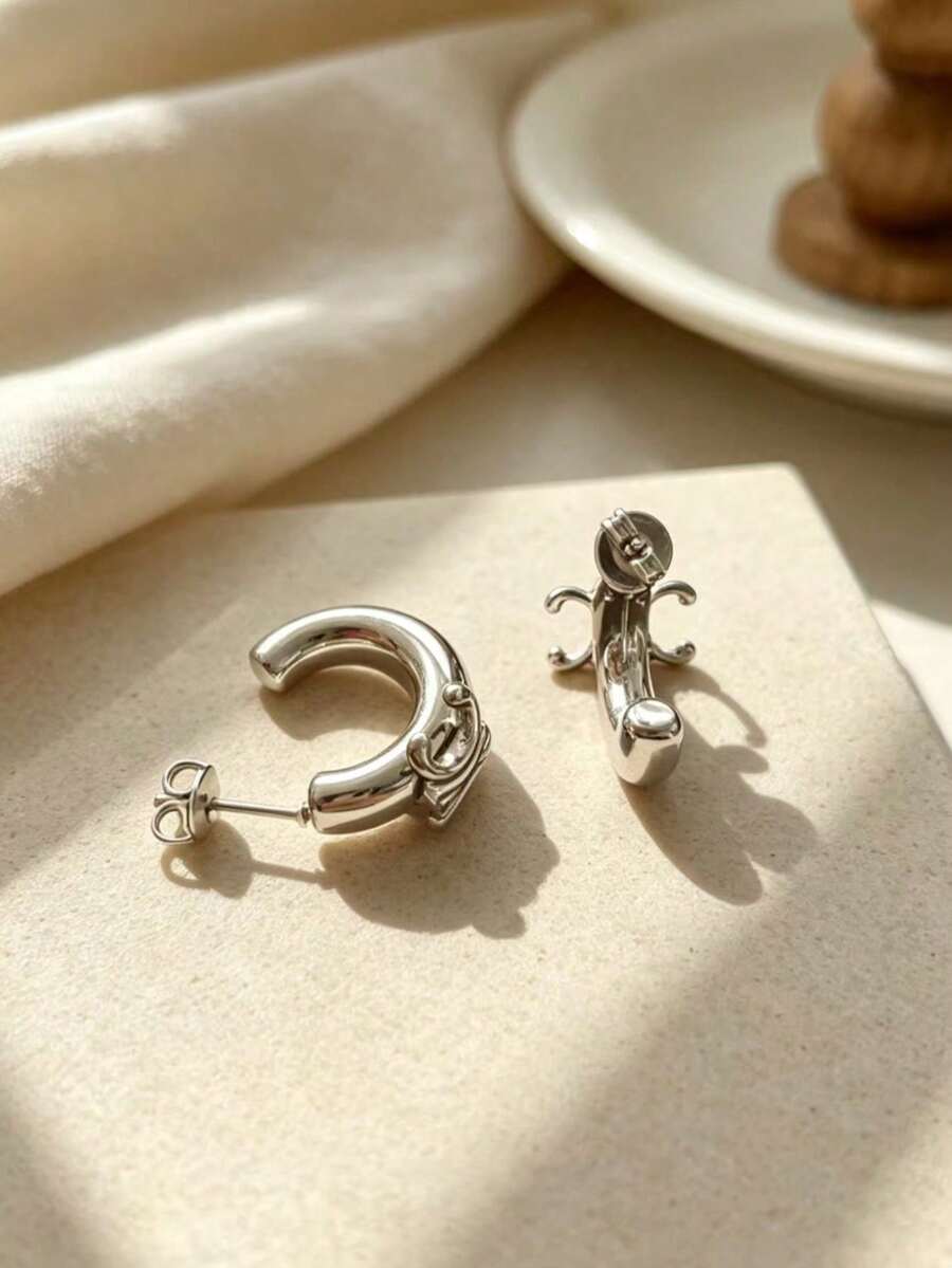 2PCS Elegant Black & Gold Woven Chain Texture Double C Large Hoop Earrings, Suitable For Daily, Party And Commute Wear - C-shaped Hoop Earrings - Silver - View 1