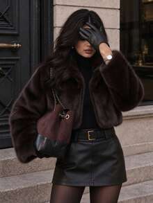 Women's Fuzzy Brown Faux Fur Oversized Collar Long Sleeve Coat, Suitable For Autumn/Winter Wear - Coffee Brown - View 6