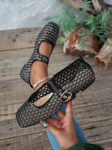 1 Pair Solid Color Fashion Elegant Buckle Women's Flat Shoes, Holiday Spring/Autumn - Black - View 3
