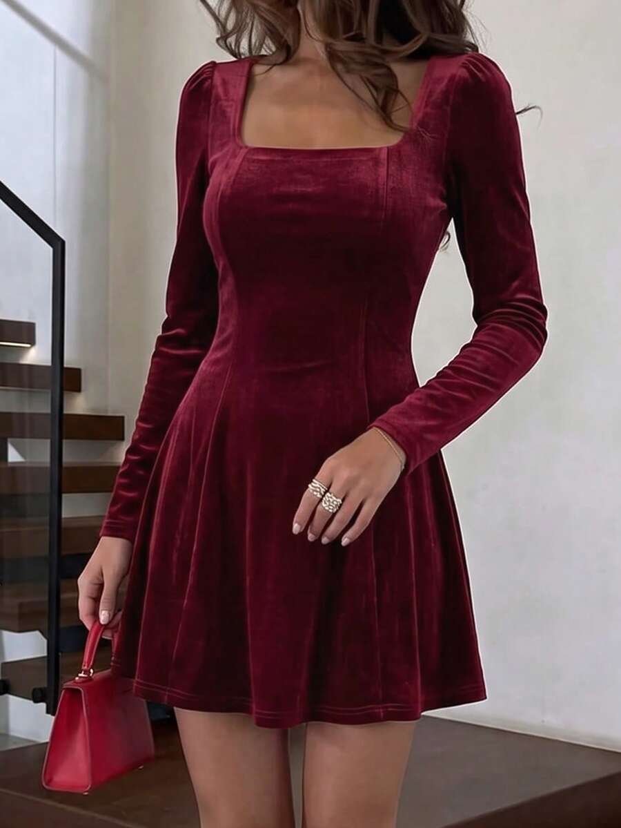Unadoll Women's Autumn Burgundy Velvet Square Neck Mini Dress, Long Sleeve A-Line Skirt, Suitable For Party, Date Night And Back To School - Burgundy - View 1