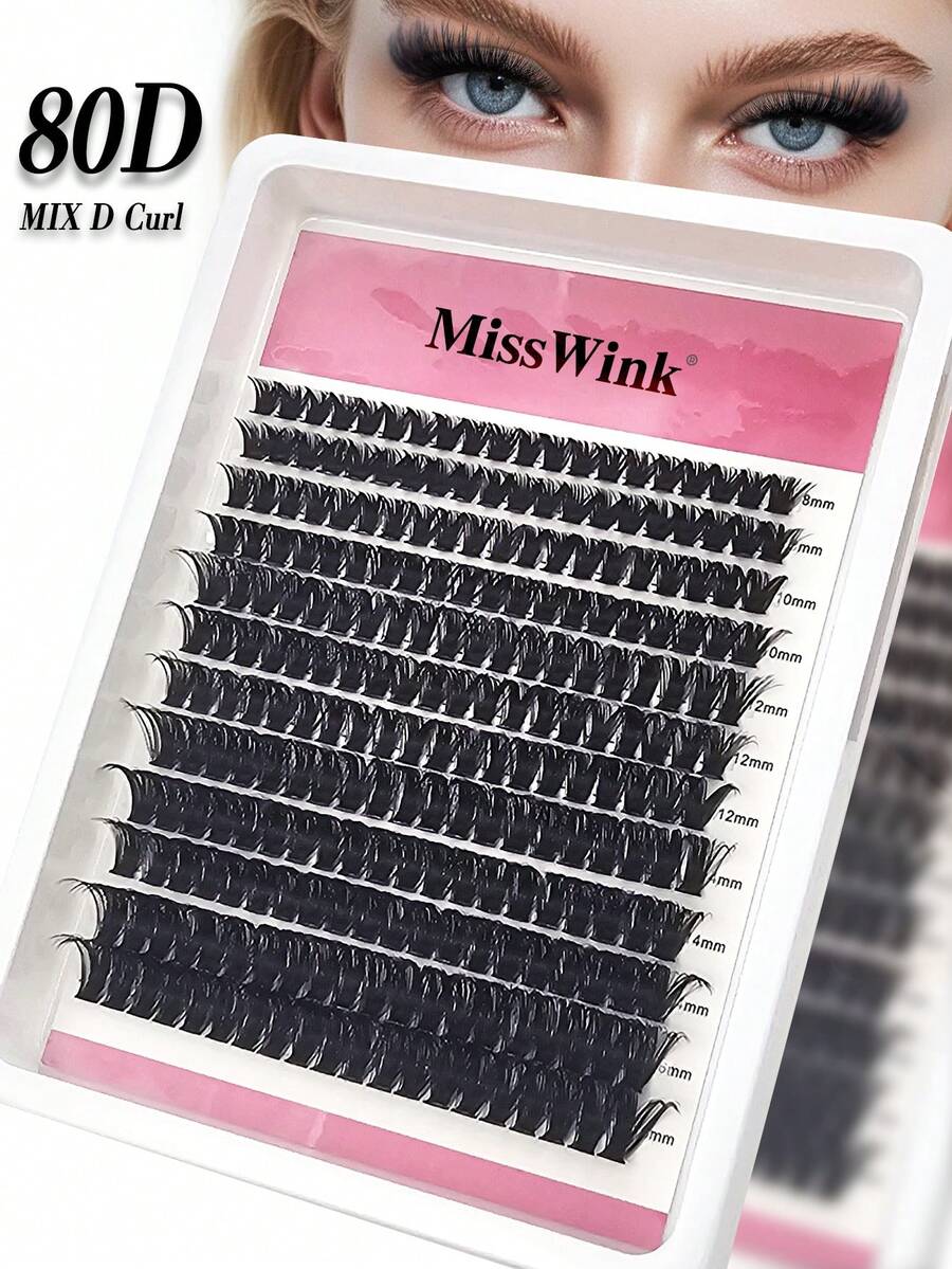 Miss Wink 80D Curled Soft Natural False Eyelashes, 8-16mm Mixed, 0.07mm D Curl, 12 Rows 240 Pieces, Single Cluster 3D Precise Fit, Suitable For Daily Makeup, Lightweight And Portable, Applicable For Daily Life, Parties And Various Occasions - Black - View 1