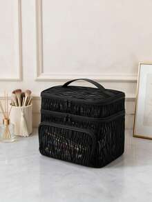1pc Black Mesh Double Layer Makeup Bag, Large Capacity Multi-Compartment Design, Breathable Toiletry Bag, Portable Storage Bag, Suitable For Daily Use And Travel - Black - View 6