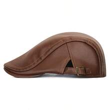 1pc Autumn/Winter Reversible American Vintage Style Faux PU Lychee Grain Leather Forward Cap With Fleece Lining, Warm Adjustable Baseball Cap - A - View 2