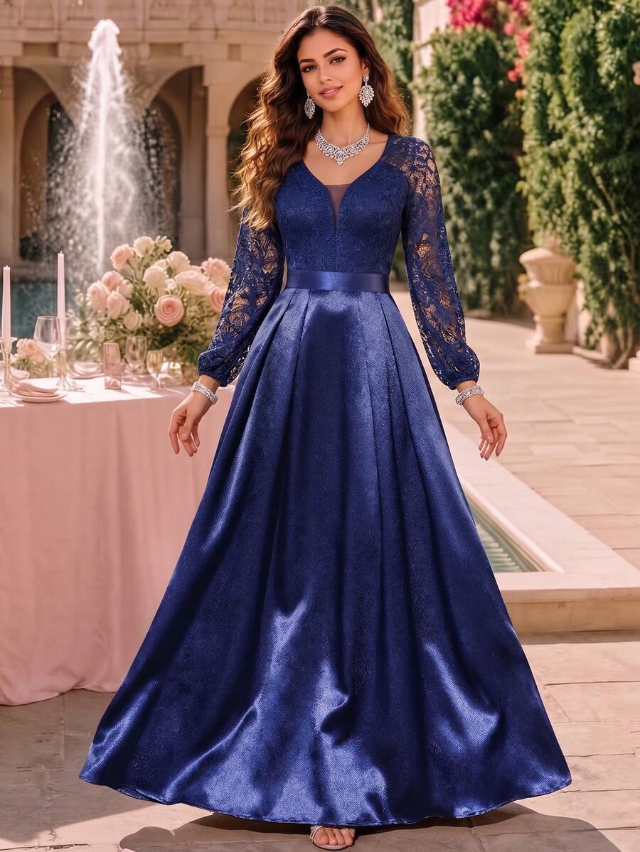 MIUSOL Deep V-Neck Floral Lace Patchwork Satin Lantern Sleeve Evening Party Long Dress - Navy Blue - View 1