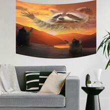 1pc Raccoon Sunset Mountain Landscape Print Tapestry, Polyester Fiber Wall Hanging, Bedroom, Living Room, Dorm, Home Decor - Multicolor - View 3