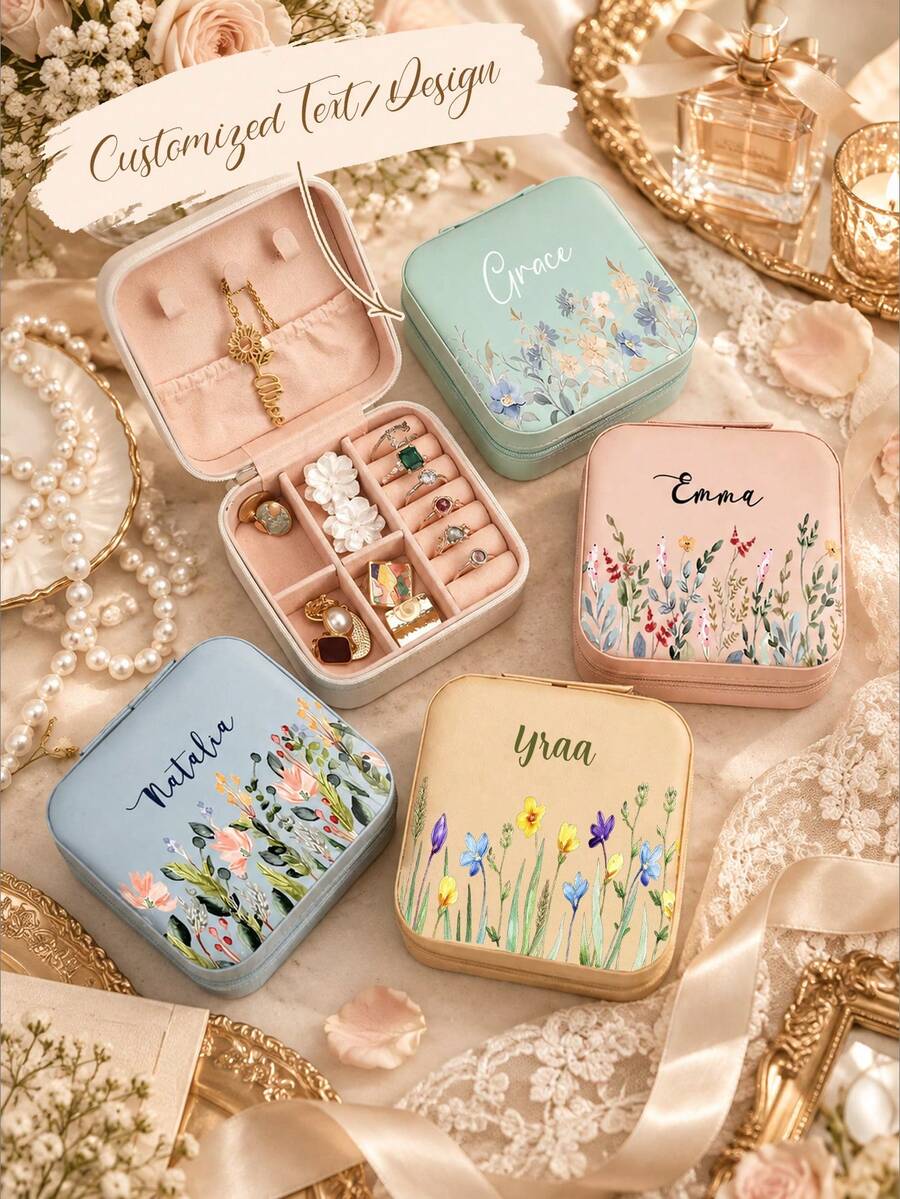 Custom Name Floral Jewelry Box, Personalized Double Layer Travel Organizer For Birthday Present, Custom Name Flower Pattern Box With Compartments For Ring Necklace Gift, Jewelry Organizer For Women Gift - Square Jewelry Box - View 1