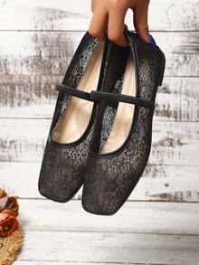 French Elegant Vintage Lace Mary Jane Shoes, Square Toe Elastic Strap Commuter Date Versatile, Women Spring Summer Lightweight Luxury Comfortable Loafers - Black - View 2