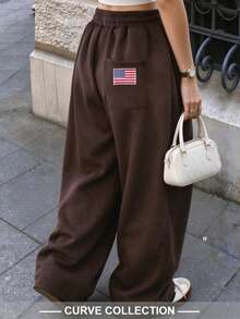 Plus Size Korean Style Low Saturation Loose Knit Sweatpants, Versatile Wide Leg Long Pants, Casual Daily Comfortable Autumn Sports Pants For Women - Mocha Brown - View 6
