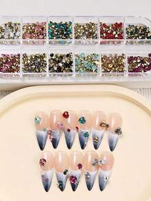 12 Grids Colorful Nail Art Rhinestones Christmas Color Pointed Bottom Round Beads Transparent Diamond Gems Decoration Fingernail Charms Jewelry Manicure Decoration - Multicolor - View 11