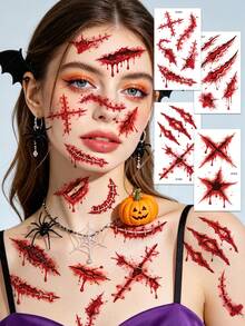 12pcs Halloween 3D Realistic Scar Temporary Tattoo Stickers, Horror Bloody Wound Zombie Tattoos, Suitable For Adult Body And Face Makeup For Costume Party, Prank, Cosplay Role Play And Party Outfits - Red - View 6