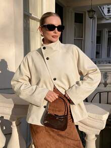 Contrast Color Lapel Double-Breasted Women's Loose Long Sleeve Solid Color Street Style Coat - Apricot - View 2