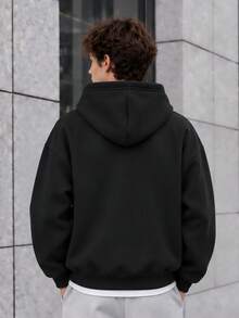 Men's Plus Size Sweatshirt, Solid Color, Drawstring Detail, Long Sleeve - Black - View 2